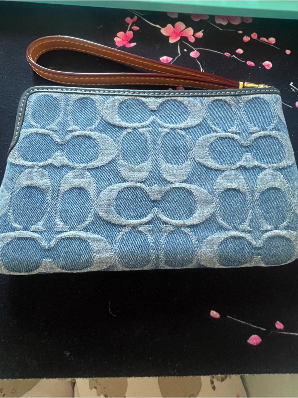 Coach Blue Signature Denim Wristlet with Brown Strap - Picture 4 of 6